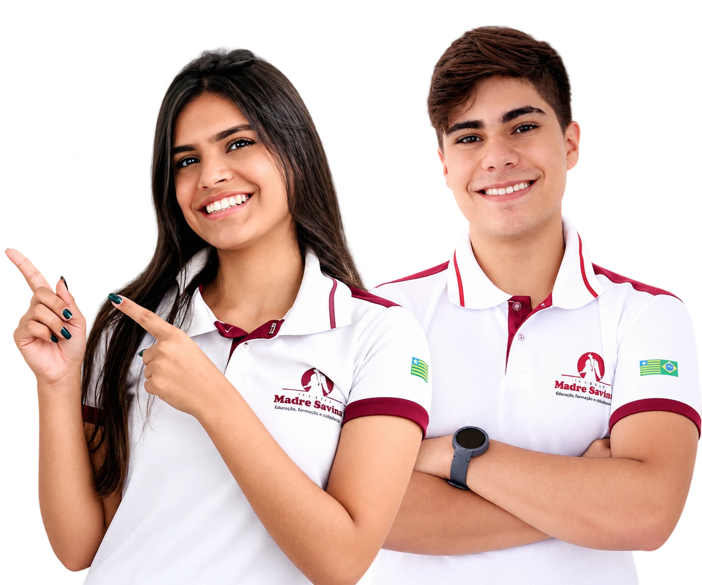 Dois alunos do Ensino Médio do Colégio Madre Savina, sorrindo e apontando